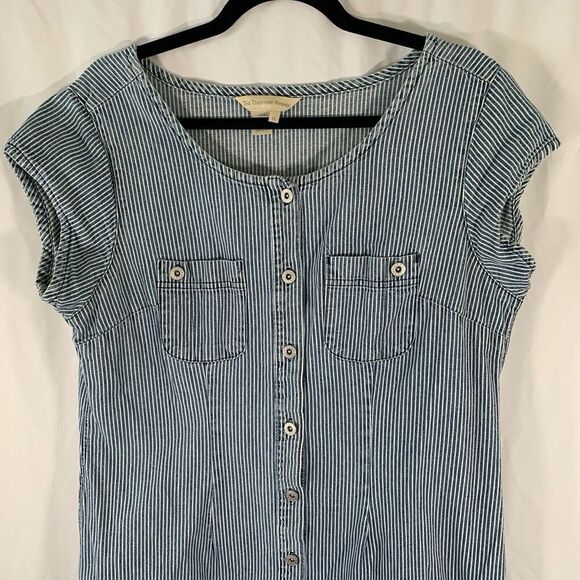 The Territory Ahead Midi Dress Women's 16 Blue White Striped Button Up Short Sle - Picture 2 of 8
